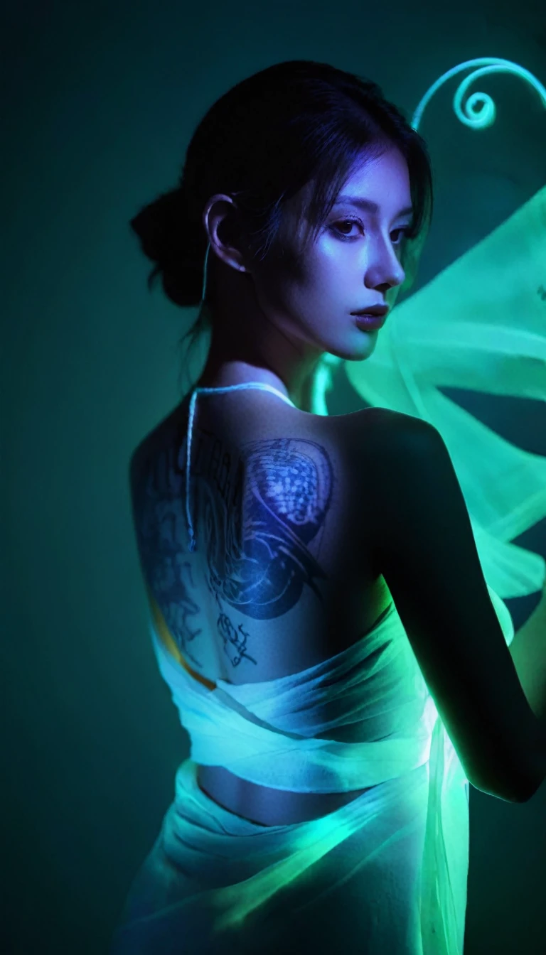 Double Exposure Style,Volumetric Lighting,a girl (Supermodel) with Wrap top,arching her back, beautiful tattoo (neon light), Traditional Attire,Artistic Calligraphy and Ink,light depth,dramatic atmospheric lighting,Volumetric Lighting,double image ghost effect,image combination,double exposure style,