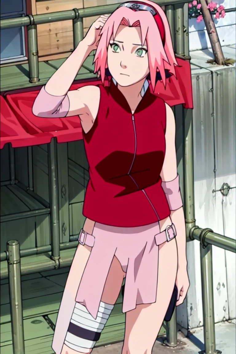 full body, ((pussy, bottomless, naked)). High quality, ultra detailed, realistic artwork of a "Sakura Shippuden" scene with vivid colors, perfect for 4K or 8K resolutions. The scene depicts Sakura Haruno., a young woman, She is naked. Her leg is bandaged, indicating a recent injury. 
Sakura has shoulder-length bangs that gently frame her face, revealing her beautiful, green eyes. Her face is adorned with a forehead protector, which bears the symbol of Konohagakure, signifying her loyalty to her people. The artwork shows Sakura's attention to detail, including her long eyelashes, detailed lips, and delicate features, capturing her determination and inner strength.

The lighting of the scene is soft and warm, casting a soft glow on the petals of the sakura flowers.