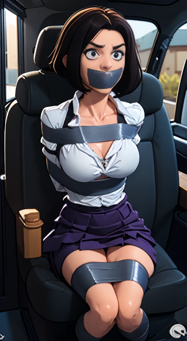 Highest quality, masterpiece, high resolution, 8k, cinematic lighting, sharp resolution, medium shot, 1 woman with chin length hair, short hair, dark bob cut, thick hair, center part, undercut nape, stacked bob, voluminous hair, luxurious hair, in her 30s, purple blouse, knee length, skirt, dark stockings, and calf boots, baggy blouse, wrinkled clothing, detailed face, looking at viewer, focus on face, photo realistic, character, video game cut scene, smooth, anime, detailed face, perfect skin, beautiful, Insanely detailed, close up, taped mouth, ((tape gag): 1.4), gag, ((gagged)), (((arms bound behind back))), elbows taped, wrists taped, desperate struggle, thrashing, arched back, in vehicle, in car seat, being taken away, driven away, abducted, frightened, pleading eyes, desperate escape attempt, stalker, , true crime, peril, impending