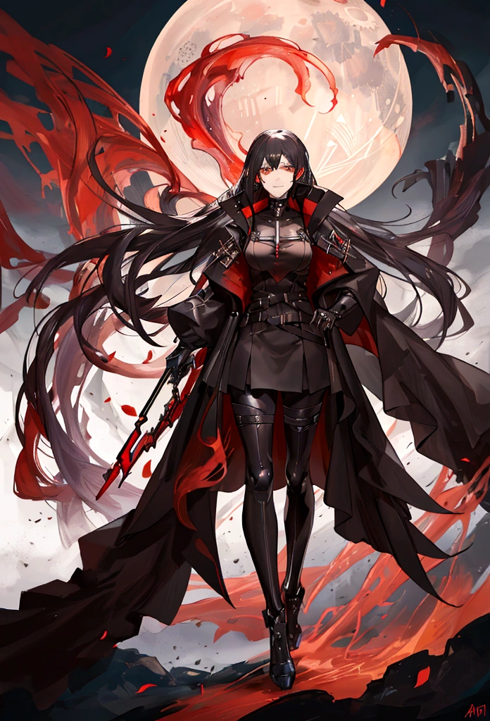 (spawns a tall adult woman with long black hair and red irises, futuristic black clothing using a dark toned jacket, a somewhat deranged smile with an aura of red power and a lunar atmosphere, Epic