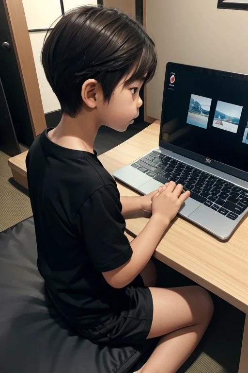 little 6 year old japanese boy with brown hair, whole body, tight black shorts, [black clothes],  half shirt, seated, downstairs bedroom, whole body, View from above,laptop gaming, player, playing 