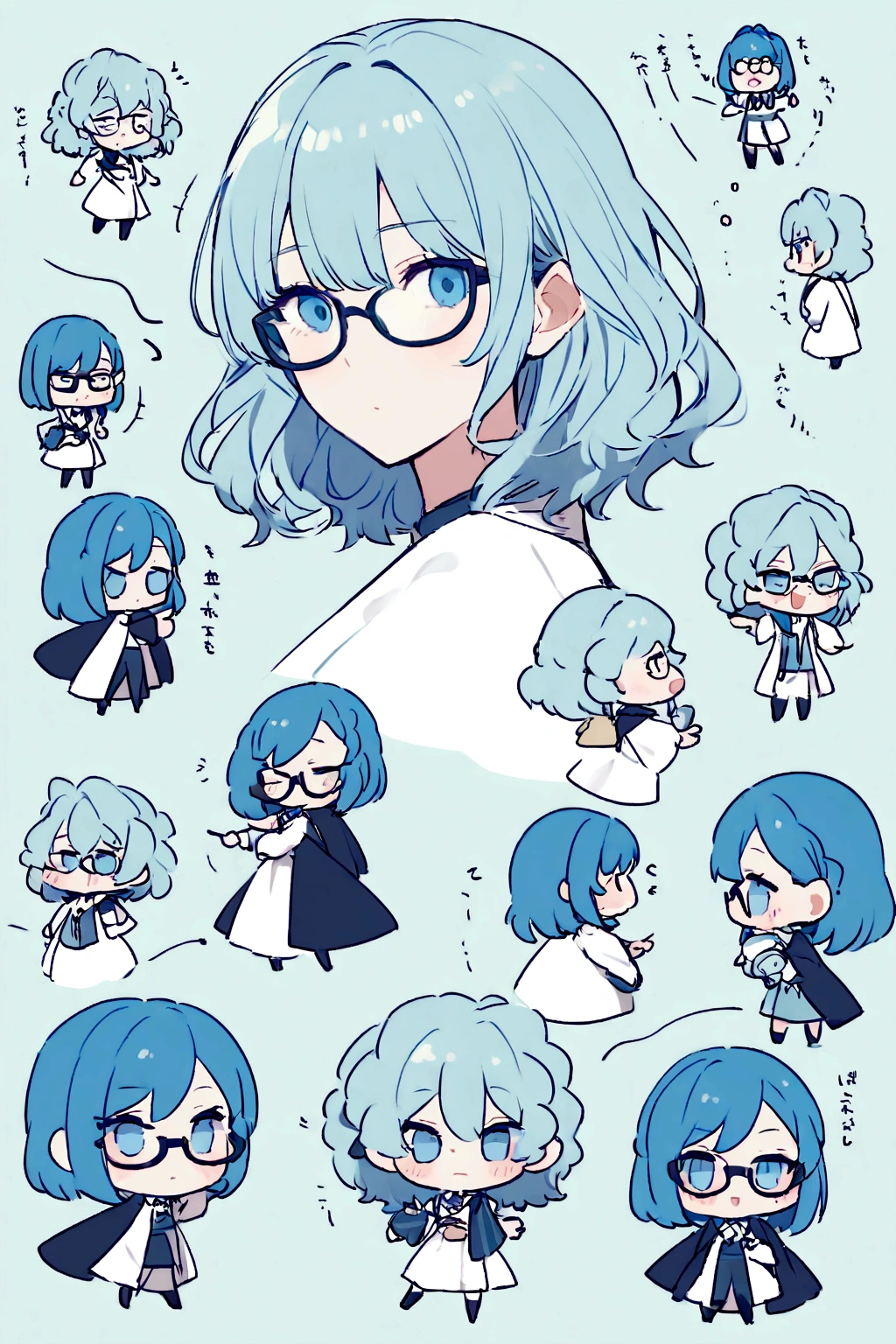 Female character medium hair blue color, with glasses, explaining a chibi-style full-body academic theme that conveys the following context "Self-confidence, or self-efficacy, It's fundamental. If you feel capable of achieving something, you are more likely to try and persevere, even if you encounter obstacles"