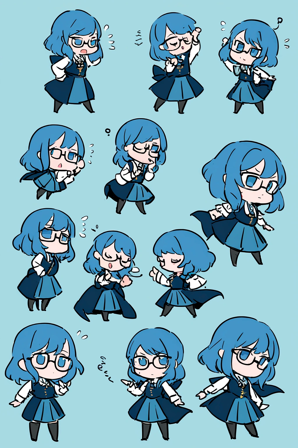 Female character medium hair blue color, with glasses, explaining a chibi-style full-body academic theme that conveys the following context "Self-confidence, or self-efficacy, It's fundamental. If you feel capable of achieving something, you are more likely to try and persevere, even if you encounter obstacles"