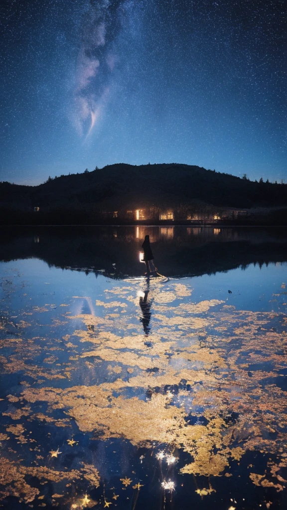 Linoleum print of a teenager reflected in water under a starry sky，meteor，Lively，colorful，texture，pattern