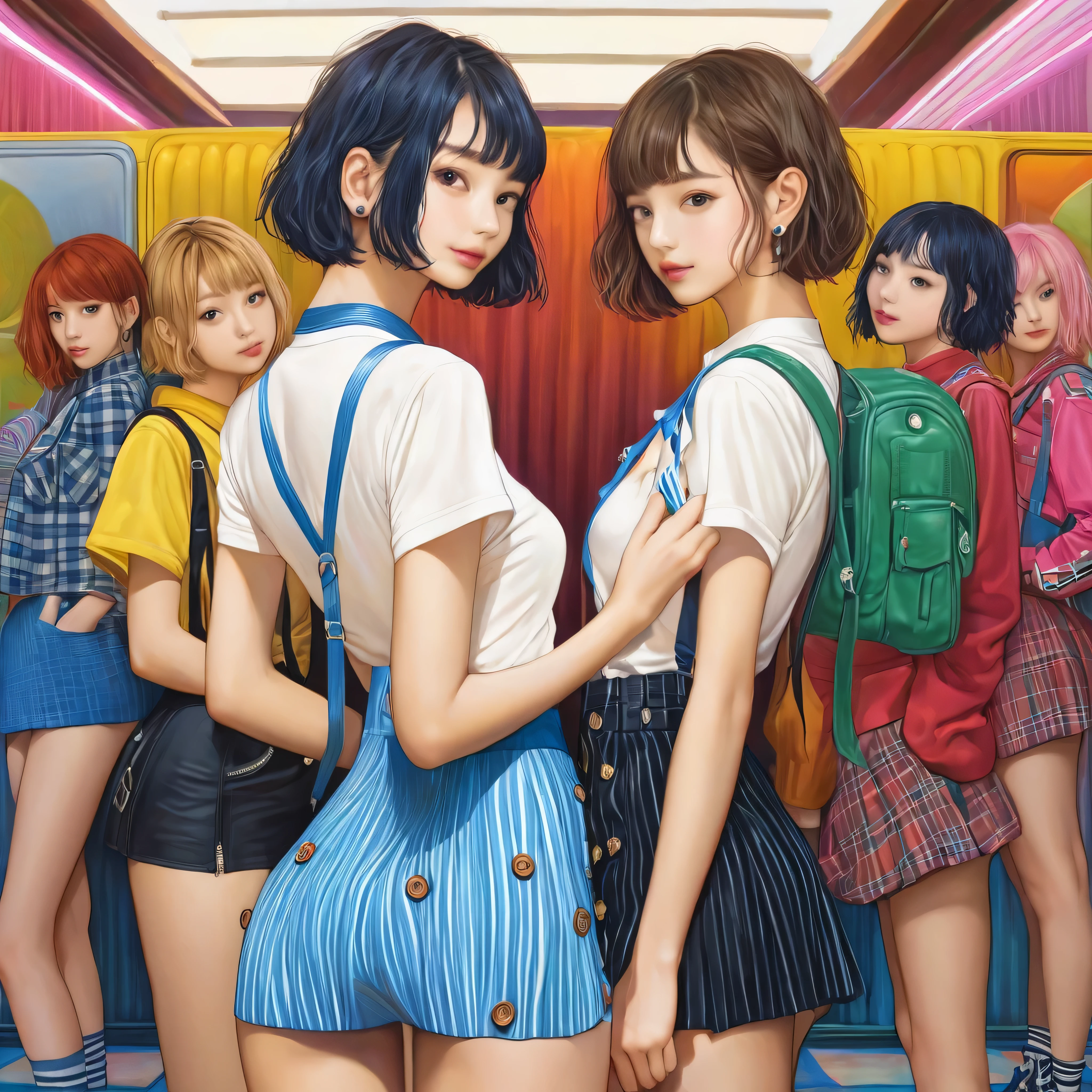 (best quality, 4k, Masterpiece, Ultra detailed, hyperrealism, RAW), four very beautiful young girls, cute made-up face, (short hair, different styles), two girls standing in front of the viewer, two girls with their backs to the viewer, ( talking to each other), full and perfect body, Navel exposed, perfect body, ((tight striped pants, buttons on the zipper, skirt, dress, k-pop)), (clear full body photo (Retina 4k))