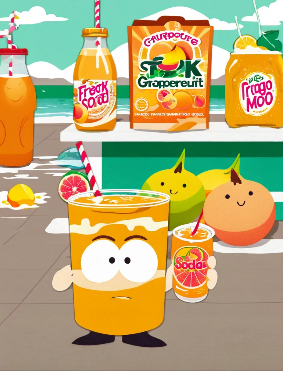 fry, holding grapefruit mango soda, drugstore