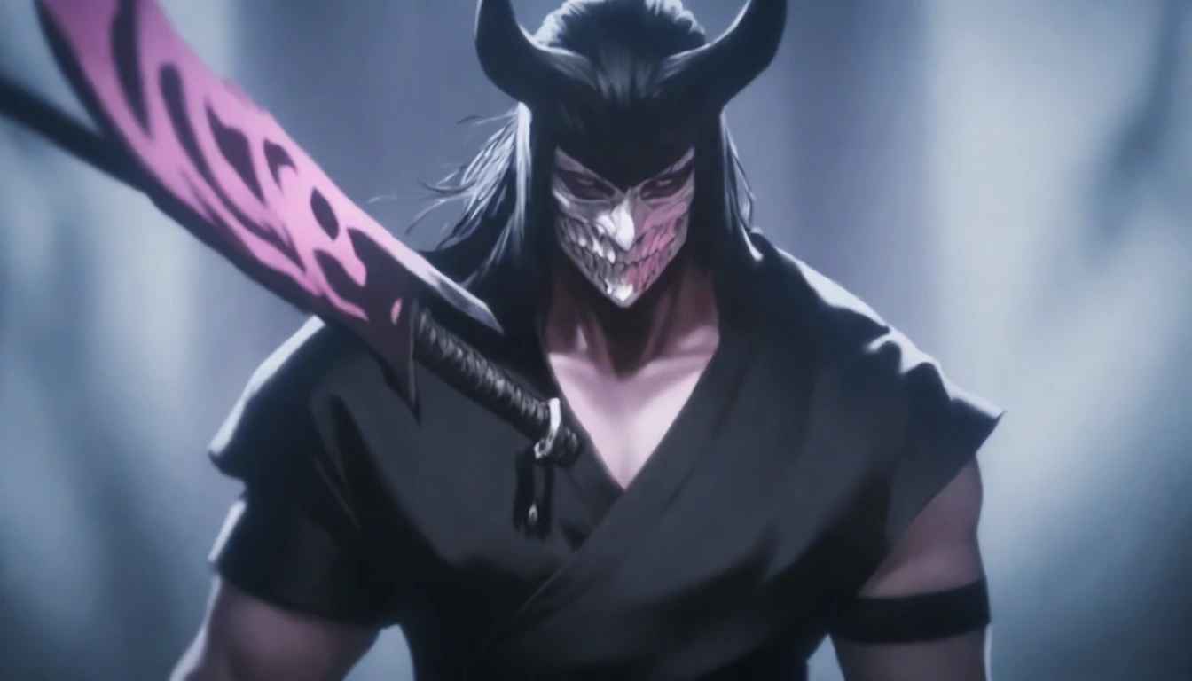 demon mask, sword on the hand,close up, black heavy detailed clothes, hand katana, art, dark and malevolent, hand sword, armor, powerful and intimidating, (masterpiece, best quality, ultra-detailed, best shadow), (detailed background, dark fantasy) dramatic light, intricate details, dark and malevolent, powerful and intimidating, Dark and foreboding, malevolent force, sinister and chilling, armor, high detailed background, girl in demon slayer art, demon slayer art style, epic anime art, God death