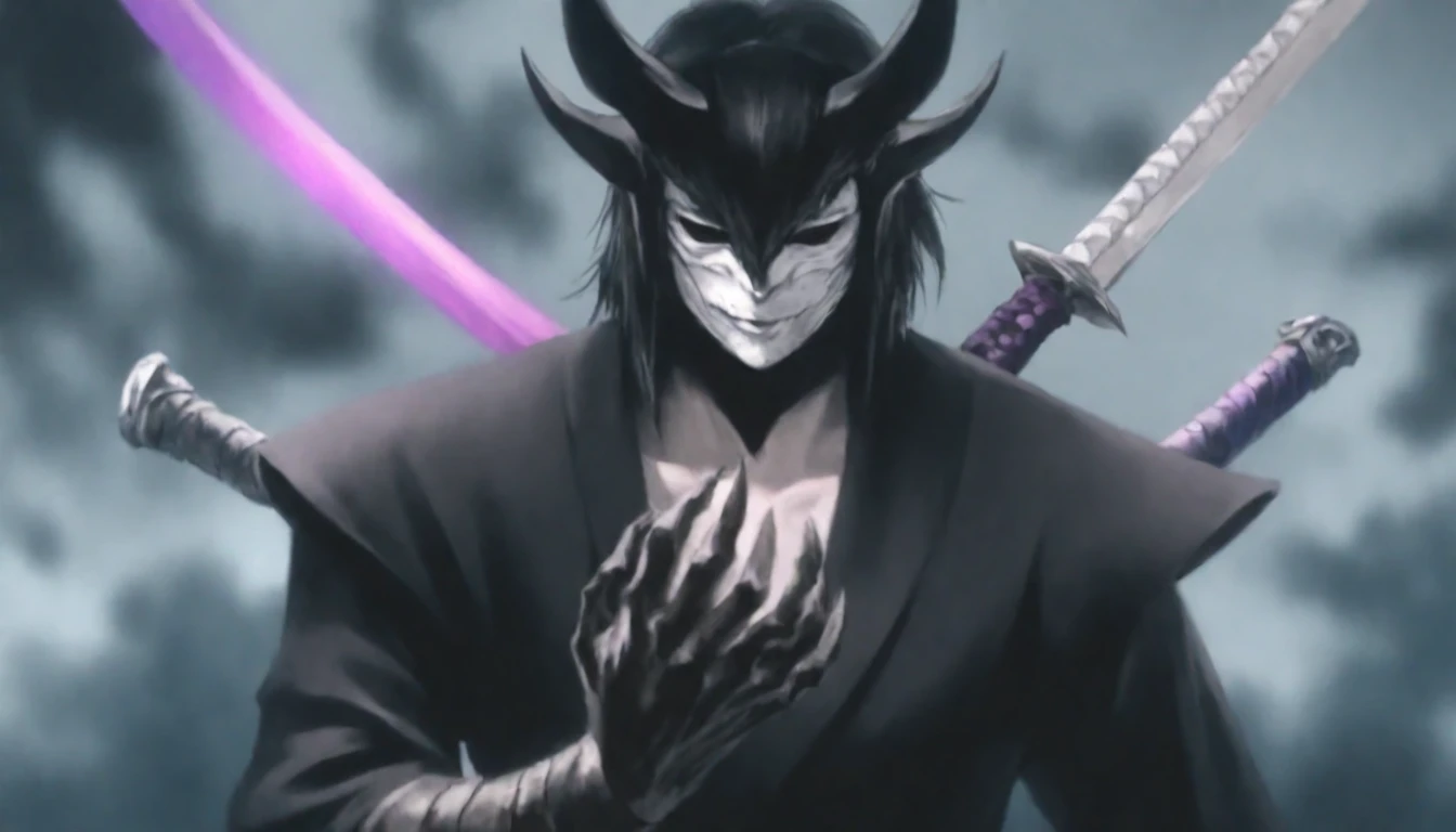 demon mask, sword on the hand,close up, black heavy detailed clothes, hand katana, art, dark and malevolent, hand sword, armor, powerful and intimidating, (masterpiece, best quality, ultra-detailed, best shadow), (detailed background, dark fantasy) dramatic light, intricate details, dark and malevolent, powerful and intimidating, Dark and foreboding, malevolent force, sinister and chilling, armor, high detailed background, girl in demon slayer art, demon slayer art style, epic anime art, God death