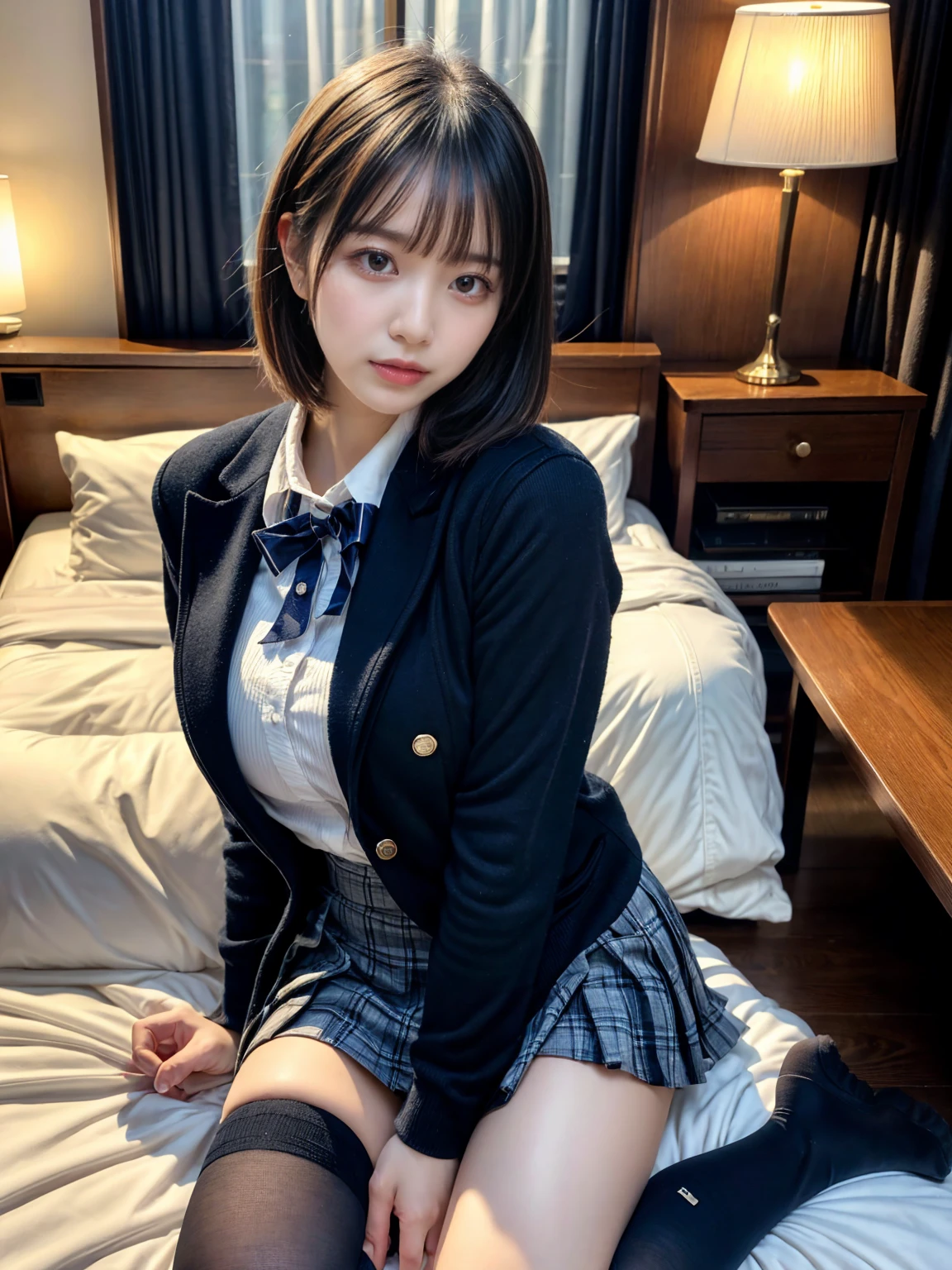 (8K, RAW Photos, Highest quality, masterpiece:1.2), masterpiece, super detailed, super high quality, (Realistic and photorealistic photography:1. 37), High-resolution RAW color photos, Very delicate and beautiful, highly detailed, 8k wallpaper, wonderful, detailed, Very eye, very detailed, very detailed skin, very thin fingers, very detailed nose, very detailed mouth, Perfect Anatomy, BREAK, (2 girls, japanesgirls:1.2), Colossal tits, short bob hair, black hair color, huge breasts, very huge round breasts, Beautiful makeup, glitter makeup, Big Natural Color Lip, perfect body shape, crying a little, beautiful legs, beautiful legs, Voluptuous thighs, BREAK, High school girl uniform, blazer, Super Short Check Uniform Skirt, Navy blue high socks, BREAK, The background is a luxury hotel room