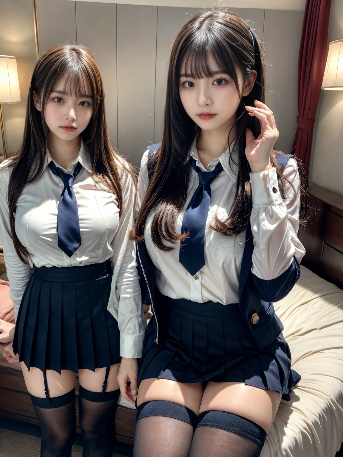 (8K, RAW Photos, Highest quality, masterpiece:1.2), masterpiece, super detailed, super high quality, (Realistic and photorealistic photography:1. 37), High-resolution RAW color photos, Very delicate and beautiful, highly detailed, 8k wallpaper, wonderful, detailed, Very eye, very detailed, very detailed skin, very thin fingers, very detailed nose, very detailed mouth, Perfect Anatomy, BREAK, (2 girls, japanesgirls:1.2), Colossal tits, short bob hair, black hair color, huge breasts, very huge round breasts, Beautiful makeup, glitter makeup, Big Natural Color Lip, perfect body shape, crying a little, beautiful legs, beautiful legs, Voluptuous thighs, BREAK, High school girl uniform, blazer, Super Short Check Uniform Skirt, Navy blue high socks, BREAK, The background is a luxury hotel room