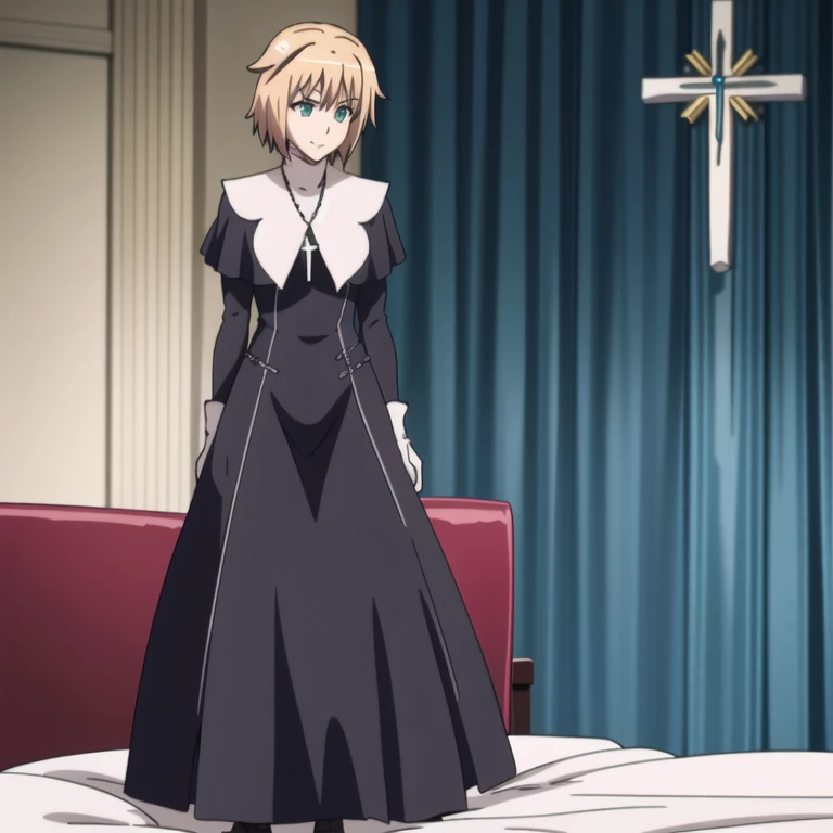1girl, solo, blonde hair, teal eyes, smile, mature, cross necklace, black nun, Kizuki, Seikon no Qwaser, white gloves, Teresa Beria, long skirt, long cape, standing, best quality, masterpiece, bed, bedroom