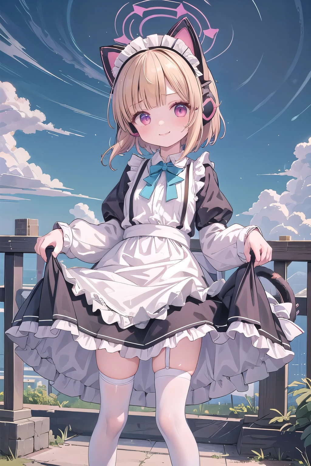 best quality, quality, masterpiece, 1girl, solo, momoi, momoi (blue archive), halo, brown hair, cat headphones, smile, standing, short hair, straight hair, blunt bangs, looking at viewer, smile, white-black dress,****ta dress, maid costume, shiny dress, bow, apron, frills, puffy short sleeves, hair ornament, white thighhighs, white long socks, Standing, outdoor 