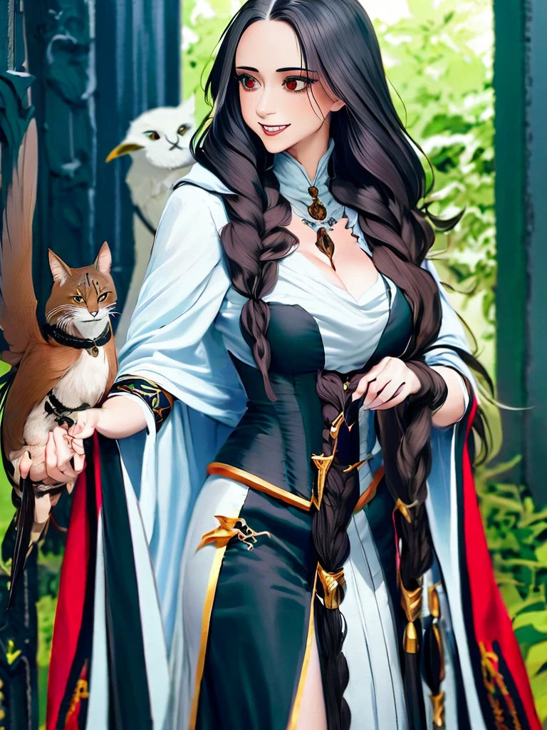 a drawing of a woman with long hair holding a cat, in a cloak with long hairs, hecate, hecate goddess, gothic maiden shaman, abigail larson, by Kamagurka, the witch queen, with a crow on her shoulder, by Yang J, human :: sorceress, she has feathers, /!\ the sorceress