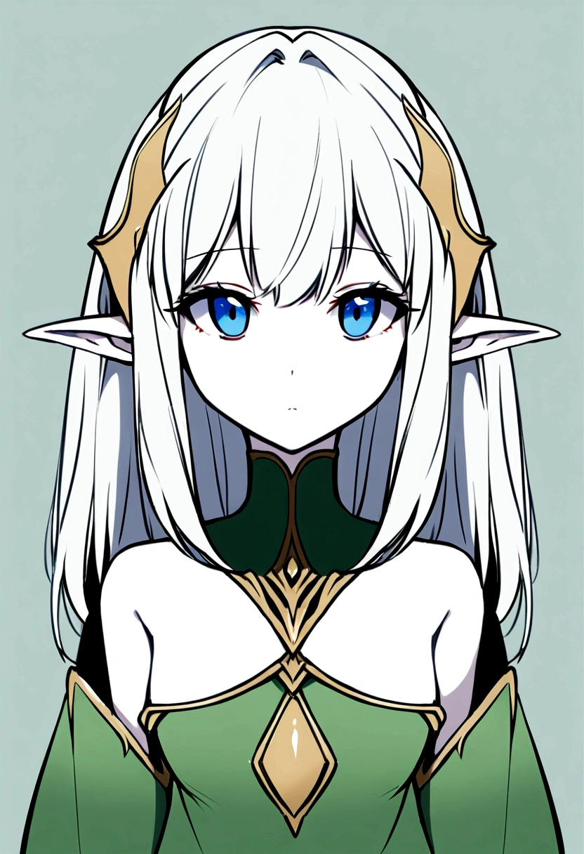 Young elven woman, pale skin, blue eyes, short clothes, short, dark fantasy, long ears, friendy, roughly drawn