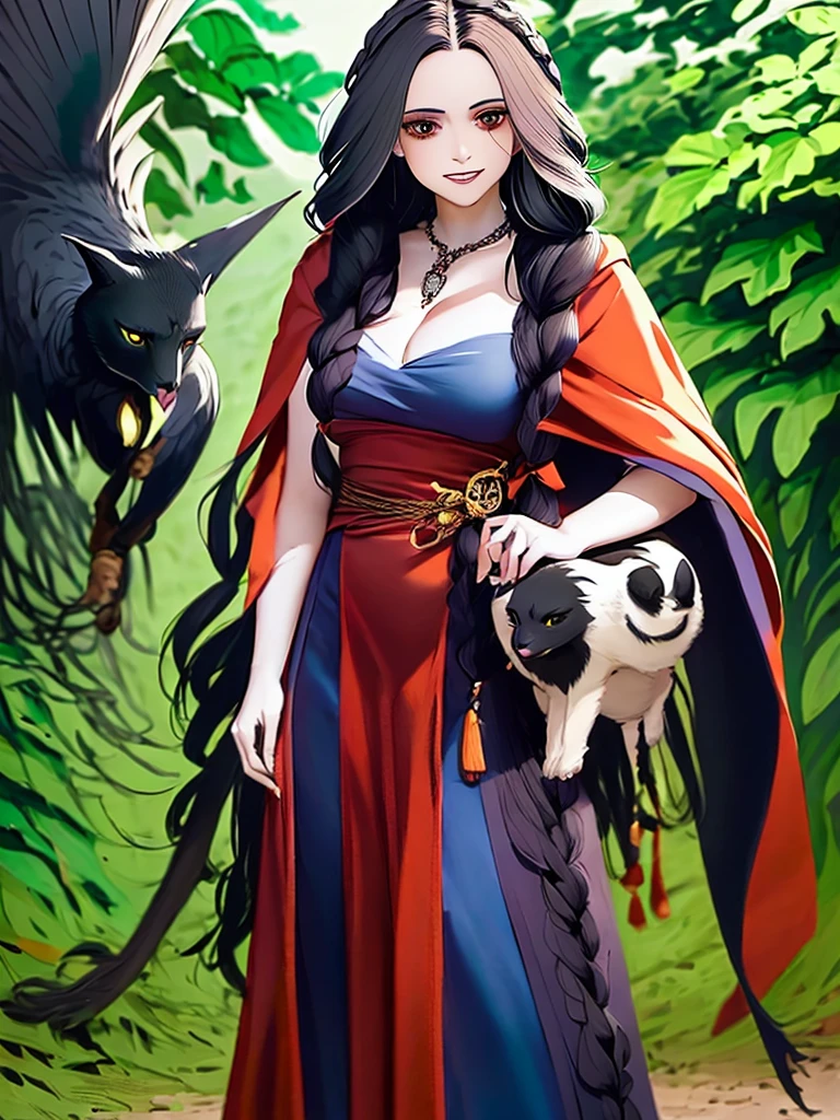 a drawing of a woman with long hair holding a cat, in a cloak with long hairs, hecate, hecate goddess, gothic maiden shaman, abigail larson, by Kamagurka, the witch queen, with a crow on her shoulder, by Yang J, human :: sorceress, she has feathers, /!\ the sorceress