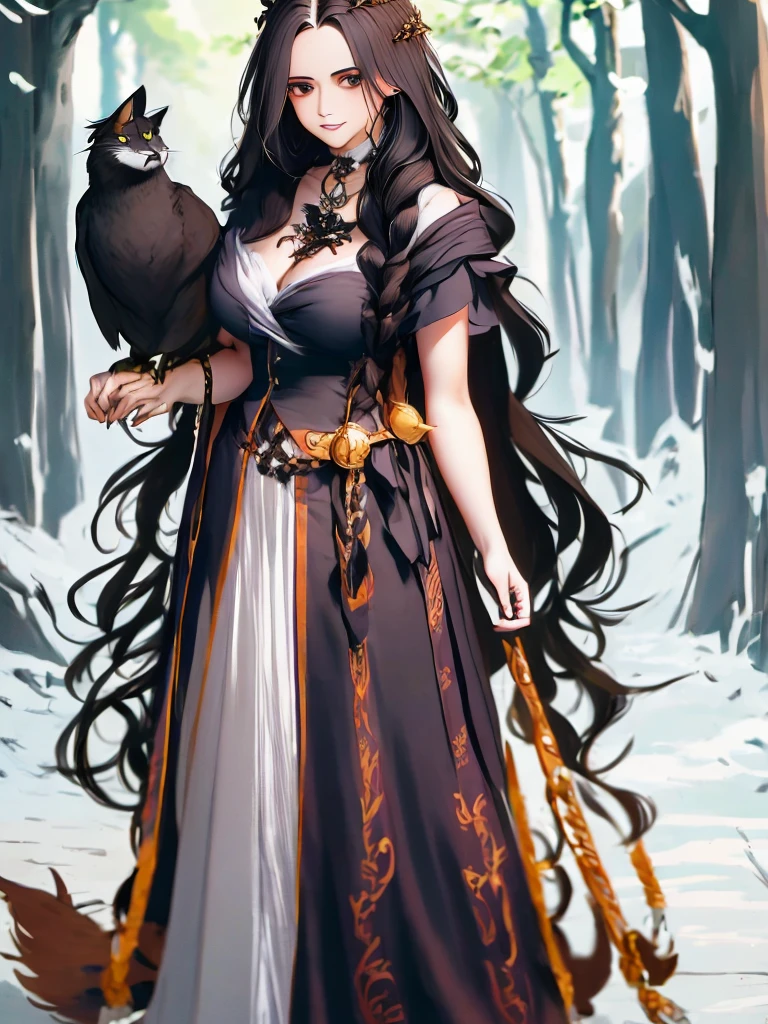 a drawing of a woman with long hair holding a cat, in a cloak with long hairs, hecate, hecate goddess, gothic maiden shaman, abigail larson, by Kamagurka, the witch queen, with a crow on her shoulder, by Yang J, human :: sorceress, she has feathers, /!\ the sorceress
