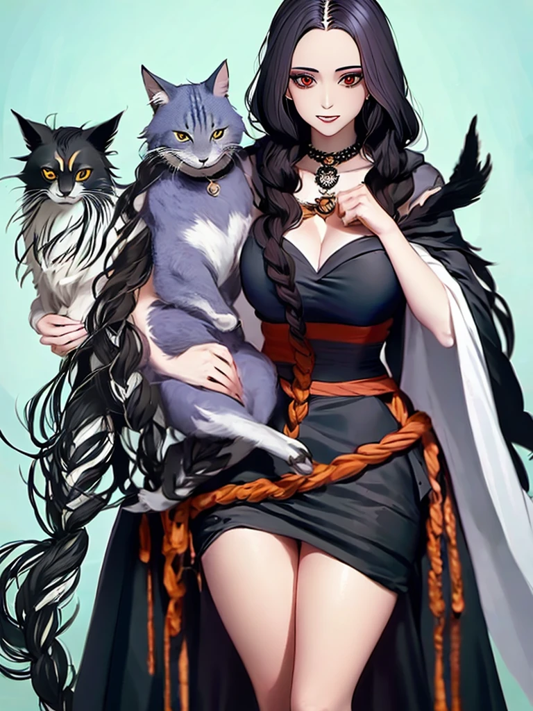 a drawing of a woman with long hair holding a cat, in a cloak with long hairs, hecate, hecate goddess, gothic maiden shaman, abigail larson, by Kamagurka, the witch queen, with a crow on her shoulder, by Yang J, human :: sorceress, she has feathers, /!\ the sorceress