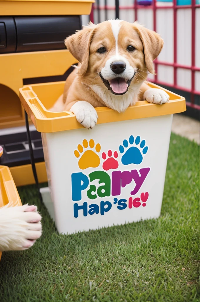 Make a logo with the name of happy paws for a pet daycare, It must be cute and very creative
