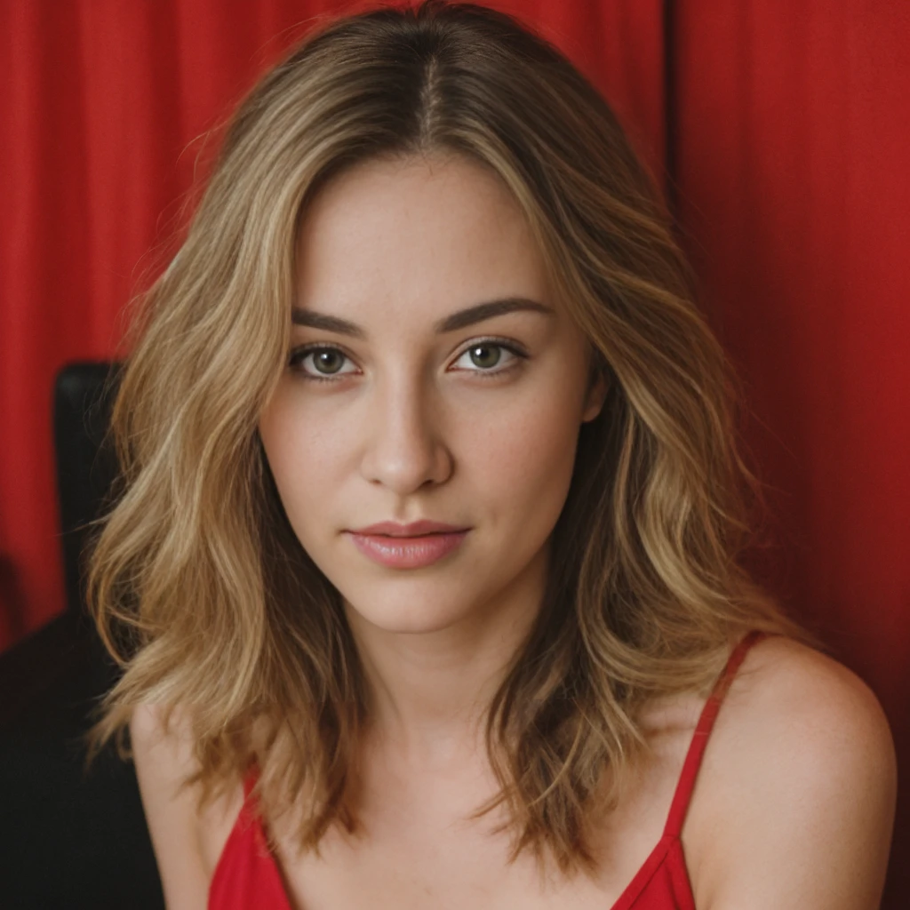 1girl, solo, realistic, mature, Caucasian blonde, 40 years old woman, wavy hair, big eyes, eyeliner, big tits, cleavage, sexy and chubby, standing in full nudity inside a red room