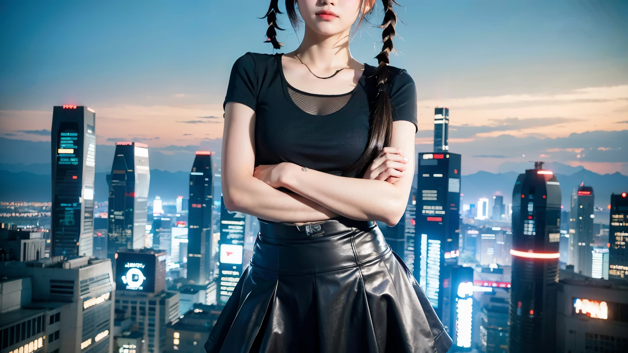 Top quality, 1 beautiful woman, ((Twintails)), wearing T-shirt, mini skirt, holding_gun, ak-47, 50mm lens, f/1, Moody Lighting, (at Futuristic city:1.5)