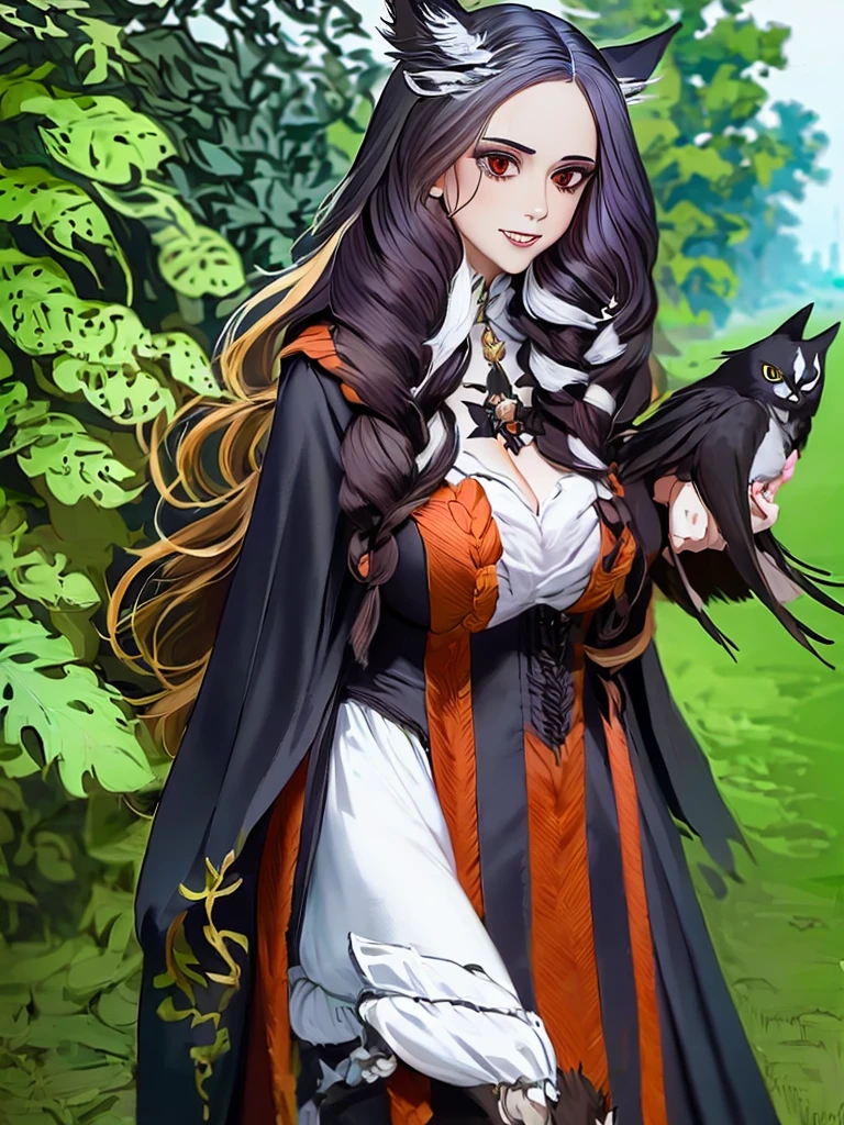 a drawing of a woman with long hair holding a cat, a character portrait by Kamagurka, tumblr, gothic art, in a cloak with long hairs, hecate, hecate goddess, gothic maiden shaman, abigail larson, the witch queen, with a crow on her shoulder, human :: sorceress, she has feathers, dark witch character