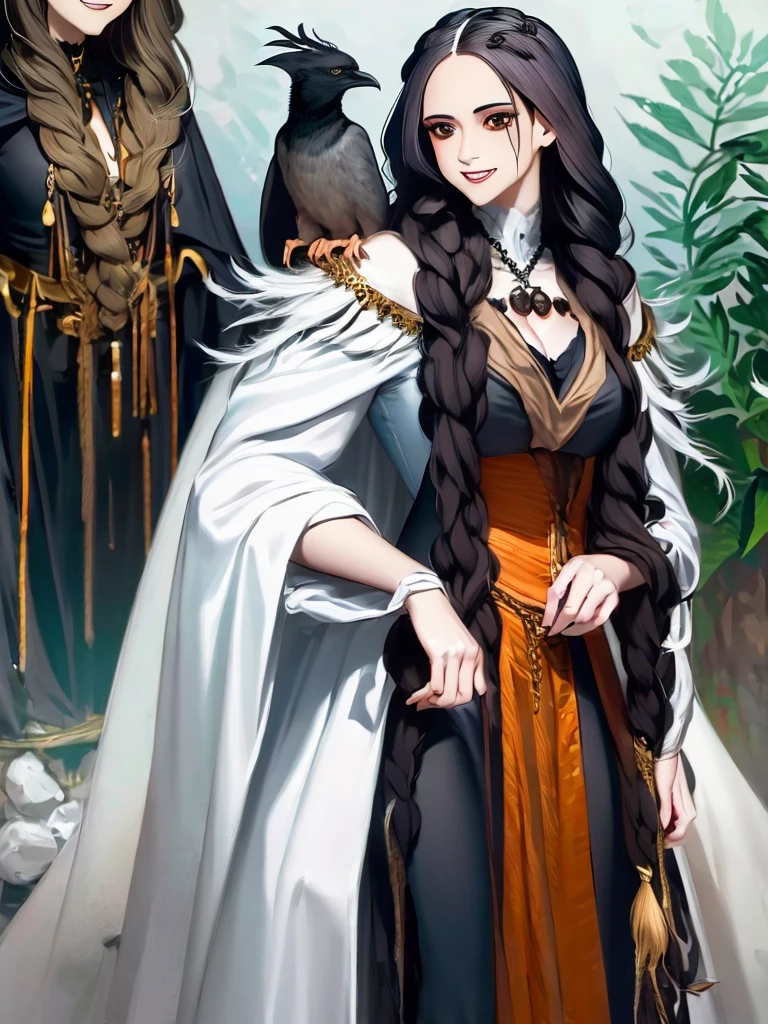a drawing of a woman with long hair holding a cat, a character portrait by Kamagurka, tumblr, gothic art, in a cloak with long hairs, hecate, hecate goddess, gothic maiden shaman, abigail larson, the witch queen, with a crow on her shoulder, human :: sorceress, she has feathers, dark witch character