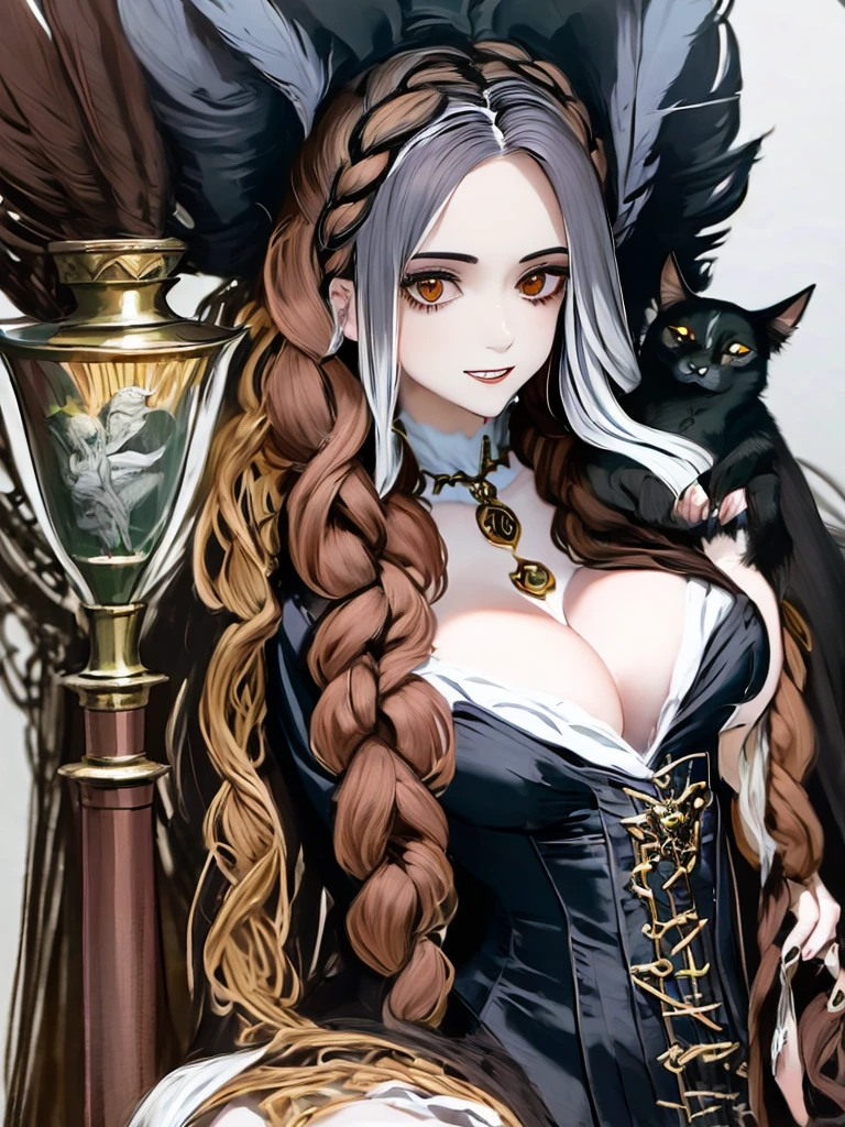 a drawing of a woman with long hair holding a cat, a character portrait by Kamagurka, tumblr, gothic art, in a cloak with long hairs, hecate, hecate goddess, gothic maiden shaman, abigail larson, the witch queen, with a crow on her shoulder, human :: sorceress, she has feathers, dark witch character