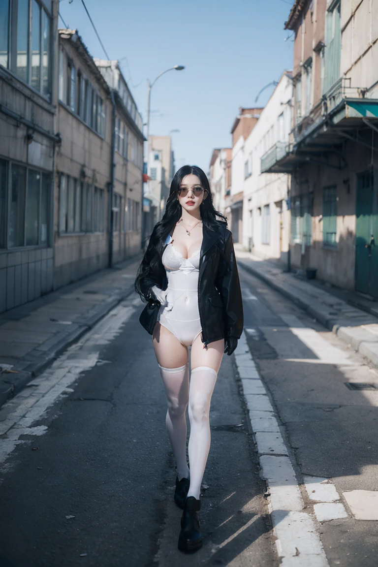 masterpiece, Highest quality,dnfSpectre, Earrings, , Black jacket, Black leotard, pantyhosack gloves, sunglasses, night, Abandoned City, Large Breasts,(NSFW((Long white hair))