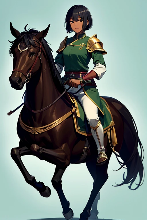 Anime Art、Full body portrait、Ancient Chinese cavalry、A dark-skinned woman of about 25 years old, around 150cm tall, wearing dark green clothing, riding a large horse and holding a long spear in her right hand.、A strong smile、Short medium hairstyle、Black Hair、Wearing armour on the lower half of the body