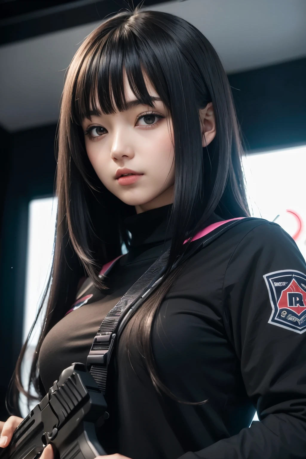 ((best qualityer)), ((アニメ)), (detailded), (girl), (dark), (gun), (dark hair), (fringe), (cute), (gamer)