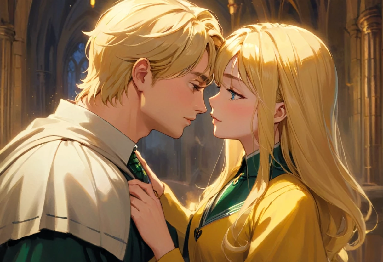 Casal blond, homem Sonserina blond, Hufflepuff Hufflepuff and blonde, Slytherin men fall in love in the enchanted world of Hogwarts, blond, Mulher Lufa Lufa loira e Homem Sonserina blond se envolvem em uma história de amor mágica. The scene unfolds with breathtaking beauty and attention to detail, com beijo apaixonado do casal de blonds, Obra de arte blond. As we delve deeper into this scene, the expertly crafted visuals capture the essence of their love. Os Cutes olhos detalhados da mulher de Lufa Lufa loira brilham com uma sensação de admiração, drawing you into their enchanting connection. O olhar intenso do homem blond de Sonserina blond reflete sua admiração afetuosa por ela, the depth of your emotions radiating from your soulful eyes. Your lips meet in a tender embrace, Portrayed with delicate precision and captivating realism. Os intrincados detalhes de seus lábios formam uma união perfeita de blonds, your love immortalized by masterful brushstrokes. Homem blond da casa de Sonserina blond e Mulher loira da casa de Lufa Lufa loira, couple kiss in love, Cutes, apaixonados blonds