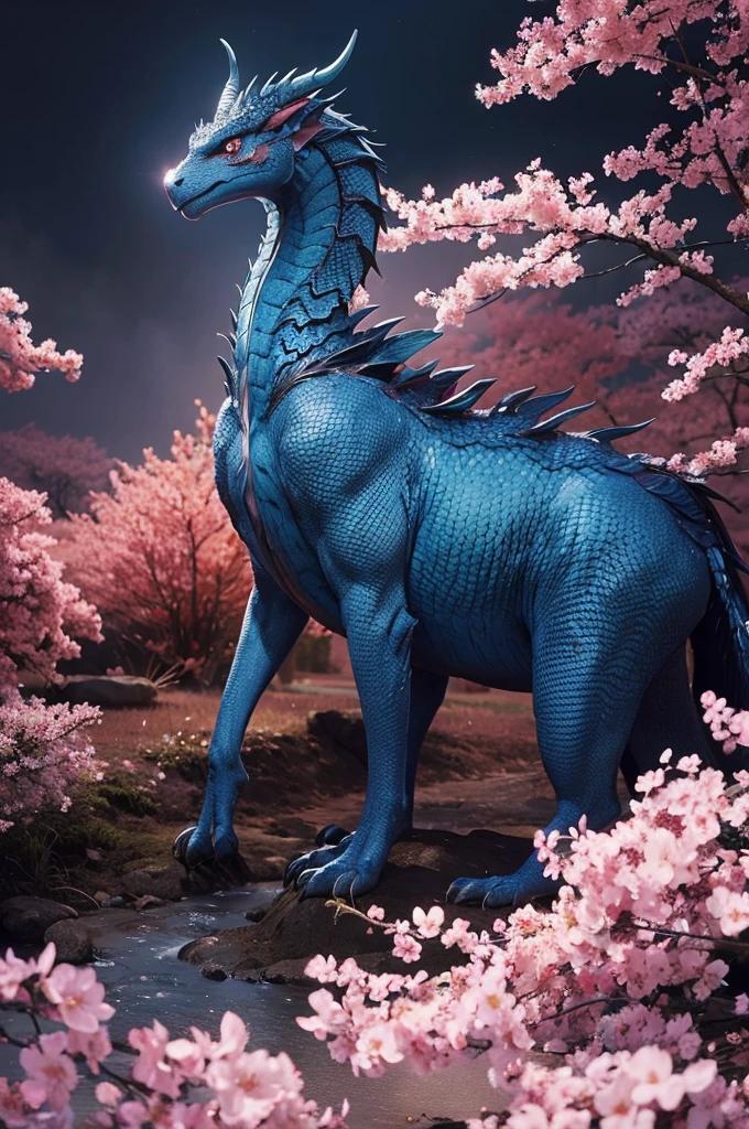 Create a highly detailed fantasy illustration of a mythical creature that combines the features of a cat and a dragon. The creature should have large, expressive eyes with bright, captivating colors. Its body should be adorned with intricate patterns and ornamental details, including armor-like elements. The creature should have a mix of deep blues, fiery oranges, and reds in its coloration. Include distinctive features like horns, scales, and feathers to enhance its mythical appearance.
Set the creature in an enchanted forest with blooming cherry blossoms and detailed, twisted tree branches. The background should evoke a sense of depth and a mystical atmosphere, with vibrant colors and intricate textures. The art style should be a blend of realism and fantasy, with vivid, saturated colors creating a striking visual impact.