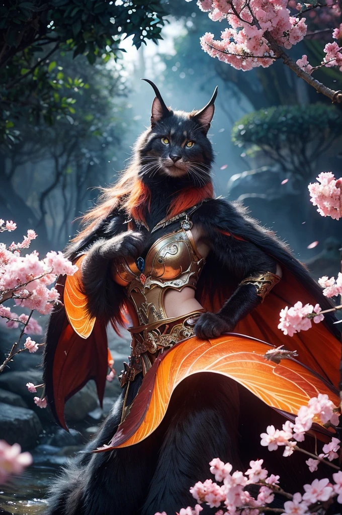 Create a highly detailed fantasy illustration of a mythical creature that combines the features of a cat and a dragon. The creature should have large, expressive eyes with bright, captivating colors. Its body should be adorned with intricate patterns and ornamental details, including armor-like elements. The creature should have a mix of deep blues, fiery oranges, and reds in its coloration. Include distinctive features like horns, scales, and feathers to enhance its mythical appearance.

Set the creature in an enchanted forest with blooming cherry blossoms and detailed, twisted tree branches. The background should evoke a sense of depth and a mystical atmosphere, with vibrant colors and intricate textures. The art style should be a blend of realism and fantasy, with vivid, saturated colors creating a striking visual impact.
