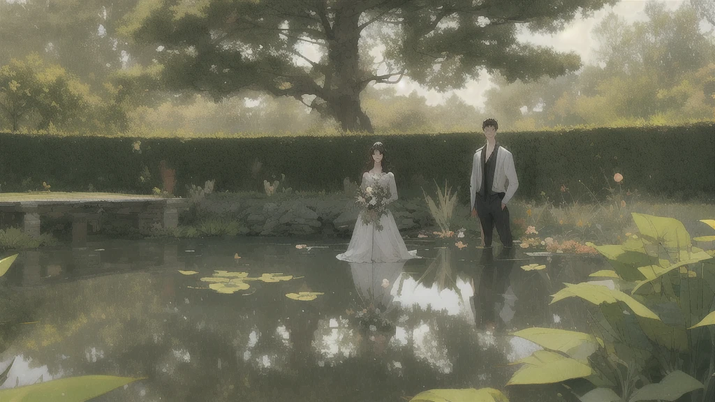 show 2 people, a beautiful woman in a pond, a young man hiding behind the tree