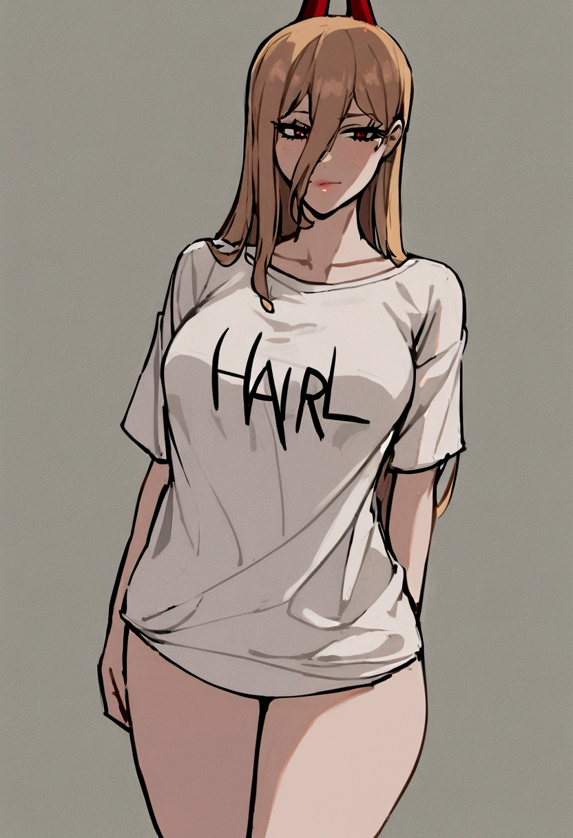 1 girl, wearing a shirt,written the name Harl ,in the middle of the shirt.