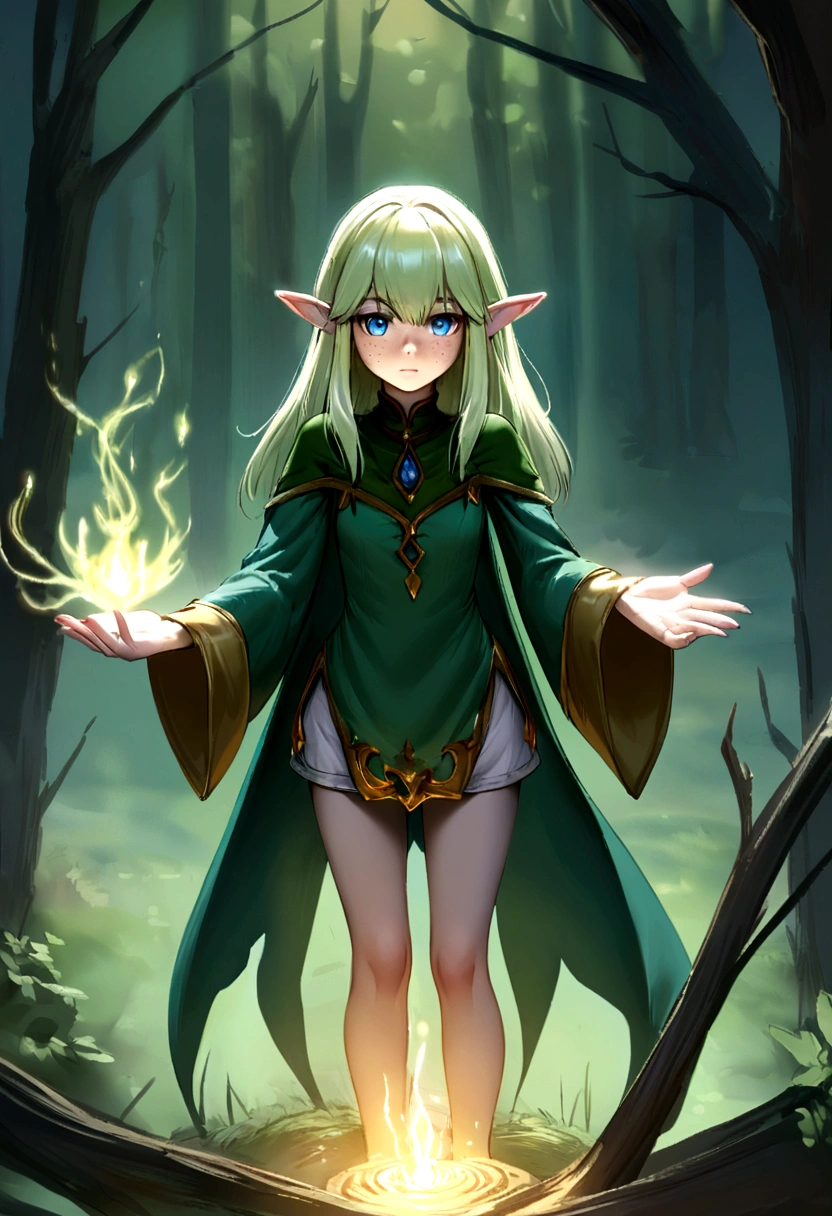 Young elven woman, pale skin, blue eyes, short clothes, short, dark fantasy, long ears, friendy, roughly drawn, freckles, casting a spell
