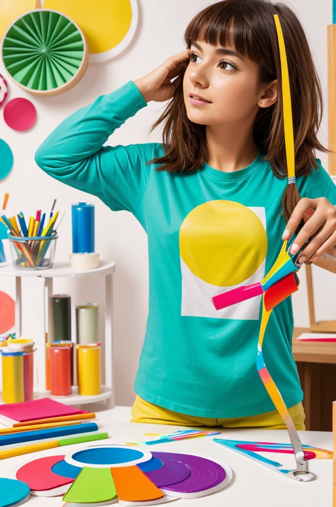 Draw 3D circular logo with a flat white background, a girl with a colorful t-shirt stained with paint and standing behind a table full of craft materials such as scissors, paper, stapler, paint 