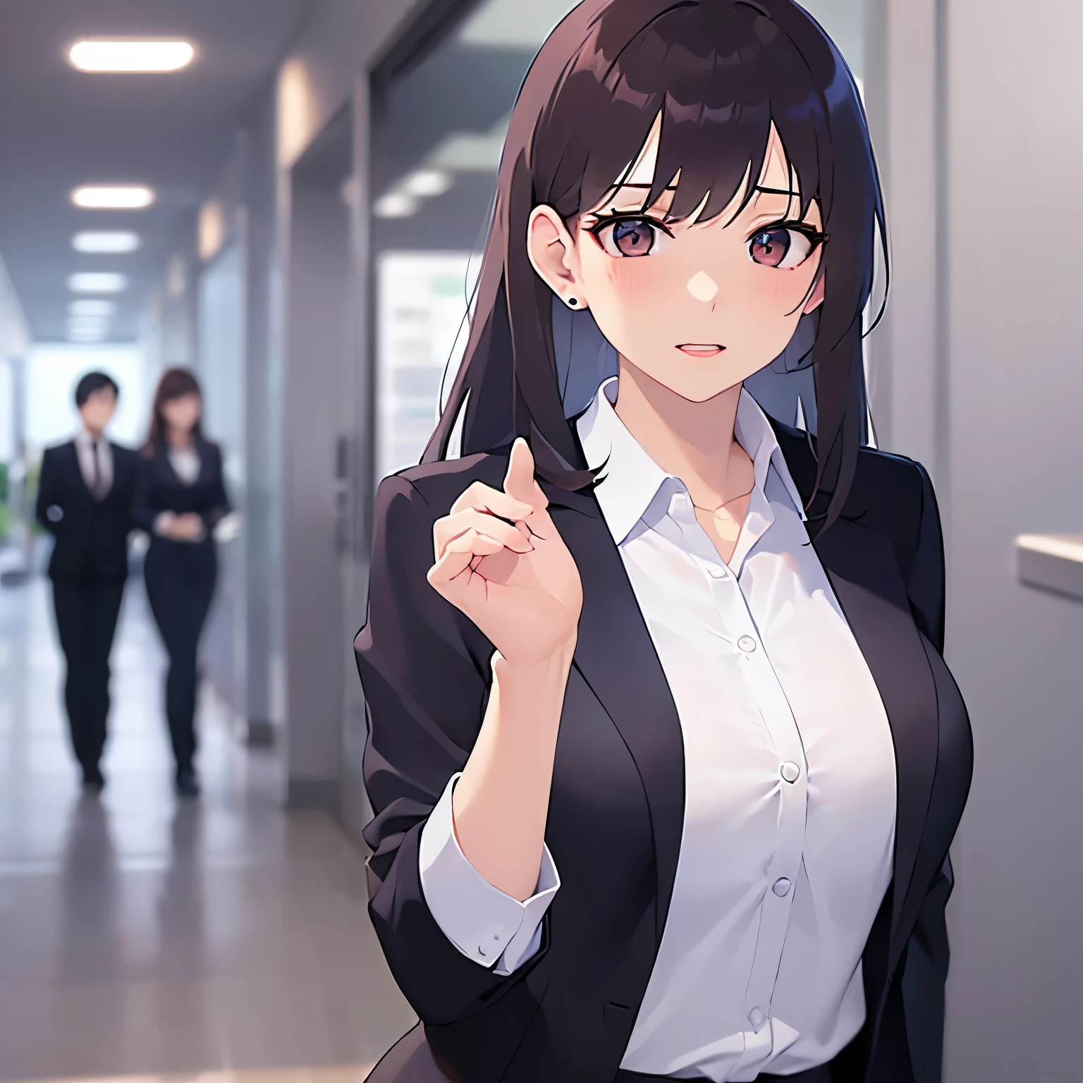 (Touching ear:1.5),upper body、 Biologically correct5Finger、Realistic, real person, (pale skin: 1.2), RAW photo, photorealistic, shiny skin, shiny hair、 (A 35-year-old woman with medium-length hair and bangs) and (wavy hair) and (brown hair) and (Orange Eyes) (Wearing a business suit:1.5) and (Wearing a white collared shirt)、(blush:1.5),The background is the office lobby.、Alone、Wearing a black jacket