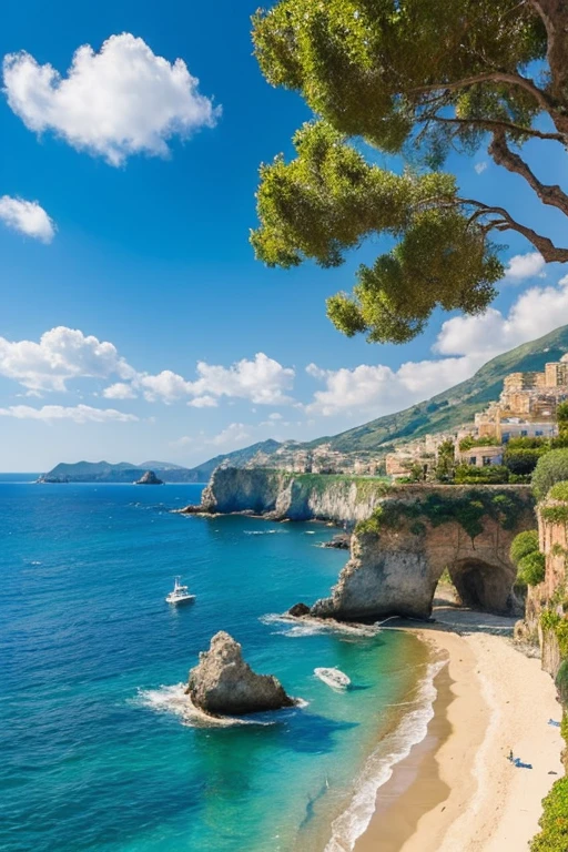 Strict adherence to the oil painting touch, The beautiful coast and clear blue sea of Sicily, Italy, as seen by Claude Monet (Claude Monet)Please draw with the touch of。