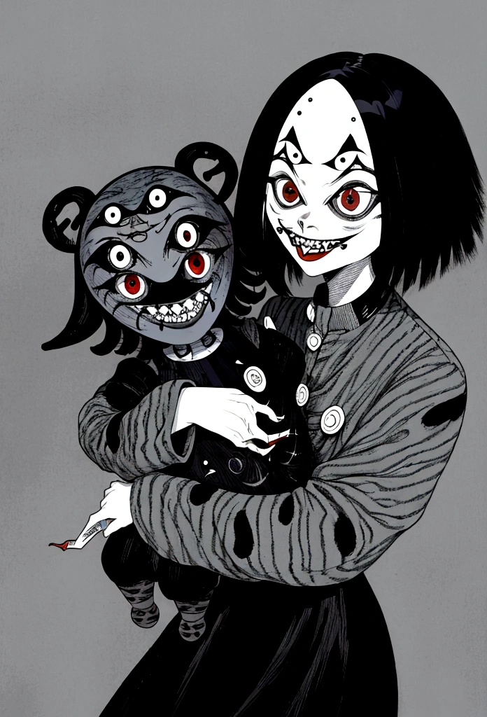 [(This is Junji:1.5), creepy, Dark, in black and white, Detailed line art from the manga, scared, psychological horror, Grotesque, morbid, Surreal], a girl holding a teddy bear, Annie, League of Legends character