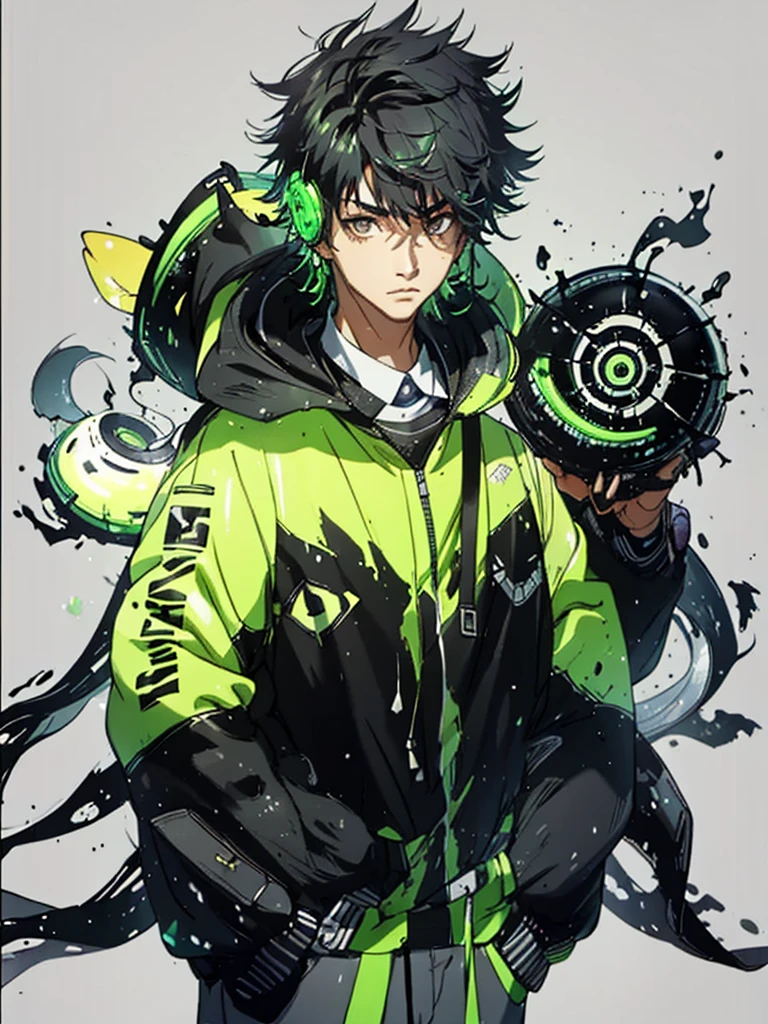 20 year old young man;
There&#39;s a shadow (monster) coming out of it;
There are many black hands around;
There&#39;s a cell phone floating around;
Short black hair with green highlights;
Wearing a hooded sweatshirt;

The thing that comes out of it looks like black mechanical goo like a symbiote 
