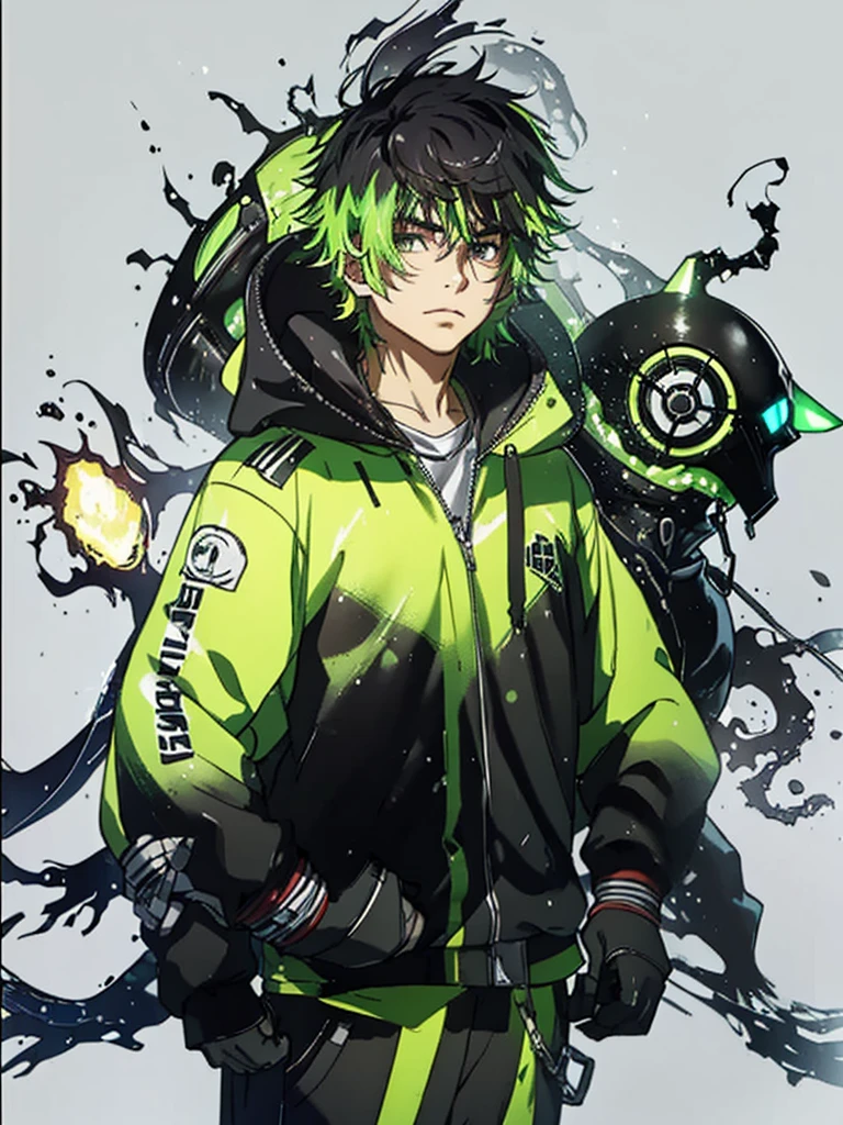 20 year old young man;
There&#39;s a shadow (monster) coming out of it;
There are many black hands around;
There&#39;s a cell phone floating around;
Short black hair with green highlights;
Wearing a hooded sweatshirt;

The thing that comes out of it looks like black mechanical goo like a symbiote 
