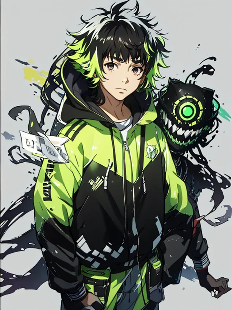 20 year old young man;
There&#39;s a shadow (monster) coming out of it;
There are many black hands around;
There&#39;s a cell phone floating around;
Short black hair with green highlights;
Wearing a hooded sweatshirt;

The thing that comes out of it looks like black mechanical goo like a symbiote 
