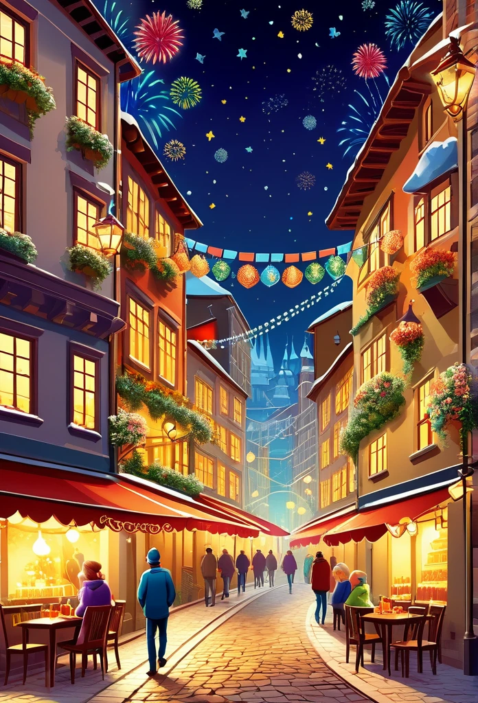 ((Best quality at best, 8K, A high resolution, tmasterpiece:1.2), ultra - detailed, (current, realistically:1.37), vivd colour, magical ambiance, Whimsical,((Vector illustration style)), Beautiful town celebrates New Year's Day New Year's countdown,new year 2024,Colorful lanterns and decorations,children playing and dancing,Huge countdown clock with gorgeous patternireworks in the night sky,Performer juggling ribbons,Colorful lanterns and decorations,Performer juggling colorful ribbons,Gorgeous temple,Incense,offering offerings,People make wishes and pray,Calm lake lit with candleeautiful reflection of fireworks and lanterns,a joyful atmosphere, hyper realisitc的, Psychedelic, Complicated details, Beautiful texture, Ethereal, like a dream, Soft glowing light, Charming Patterns, fantastical creature, Hidden surprises, dreamlike landscapes, hyper realisitc的 color palette, Mystic aura, hyper realisitc, Enchanting journey, psychedelic trip, vivid imagination, immersive experience, mysterious new year, otherworldly charm, glowing paths, Light up a magical New Year's Day, hyper realisitc sky, Whimsical themed festivals, a magical encounter, Fascinating artwork, Elegantly silhouetted against a celestial backdrop of epic trance waves, The moonlight is ethereal and vibrant, fantasy broken glass shades, Draw multiple strong exposure effects, matte painting photo painting, Stunningly superior clarity and unparalleled clarity, Stunning details that look almost unrealistic, Stunning details that are extremely captivating, Stroking technique,exquisitedetails,Very unreal, Amazing brushstroke skills, exquisitedetails are unrealistic, Gel ink craft dark teal multicolor, Crazy beautiful light, Add eye-catching high-contrast scenes, Overall stunning and beautiful, The entire process was very accurate and detailed, (Medieval Ninja Style Gouache Tmasterpiece:1.1), Crazy glowing hair, (Mysterious sci-fi paint:1.1),