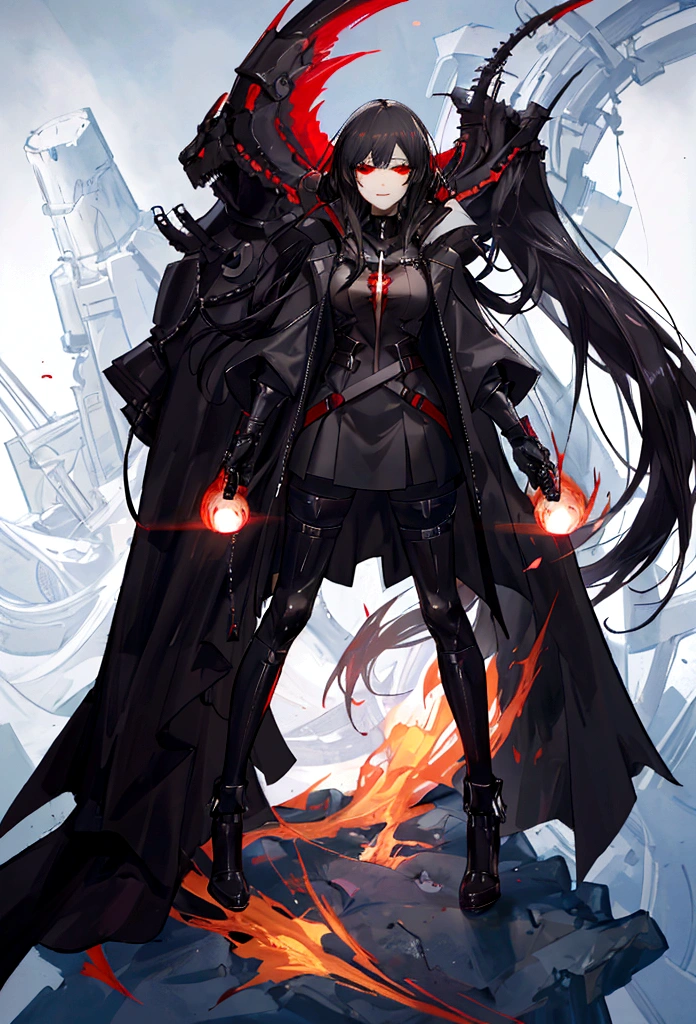 (spawns a tall adult woman with long black hair and red eyes, futuristic black clothing using a dark toned jacket, a somewhat deranged smile with an aura of red power and a lunar atmosphere, Epic