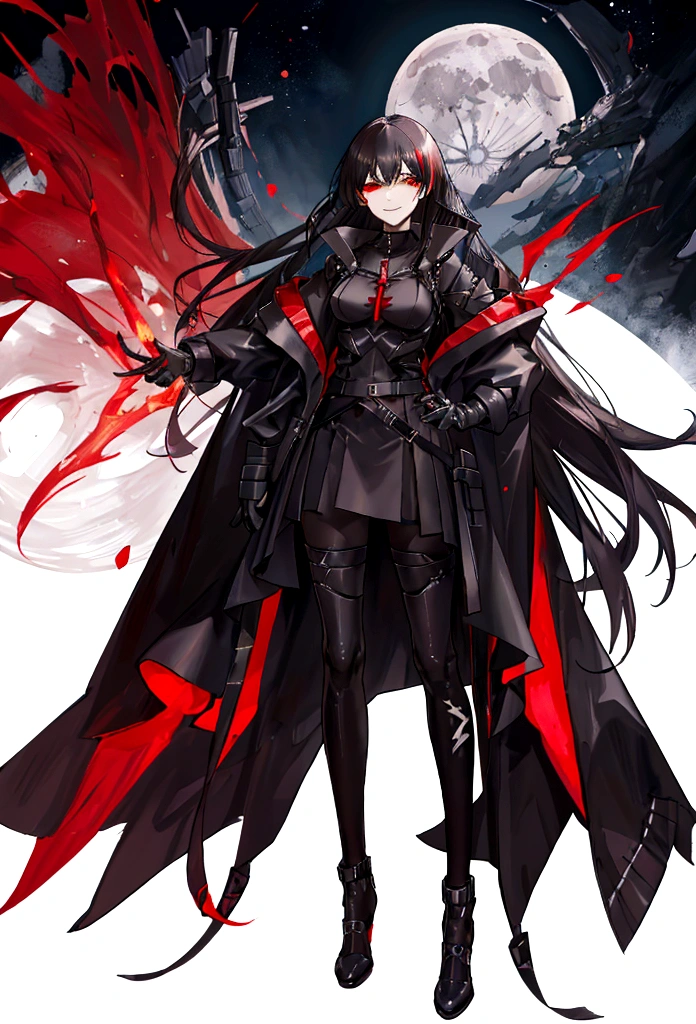(spawns a tall adult woman with long black hair and red eyes, futuristic black clothing using a dark toned jacket, a somewhat deranged smile with an aura of red power and a lunar atmosphere, Epic