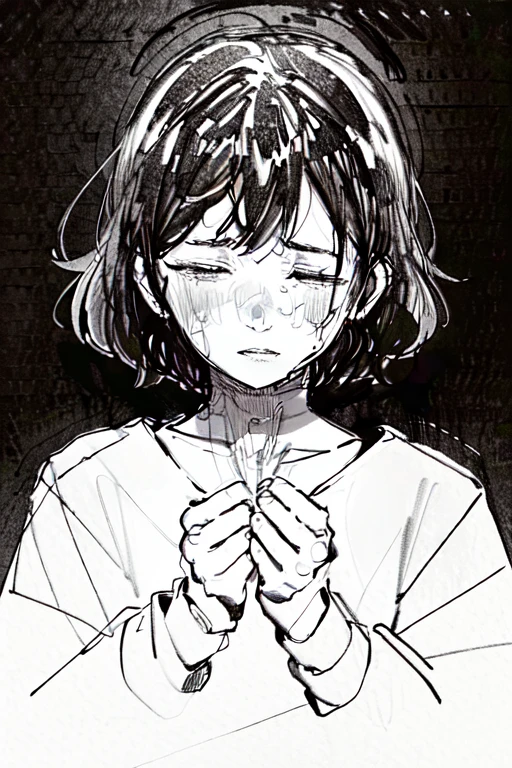 make a monochrome pencil sketch drawing in sketch style, an obscure drawing that represents a woman crying in a totally dark room, her face and hands are covered in blood, she is sad and her eyes are closed, the drawing is in black and white sketch style, sketch, she has short hair, it is a sketch drawing with sad and deep aura