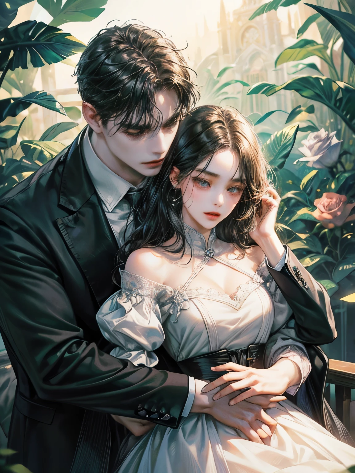 best quality、outstanding、一对情侣in the garden拥抱在一起,The man hugged the woman from behind、Woman black long,cry、Man with short black hair wearing suit,Poker face、in the garden、Rose、Thorns、Overbearing CEO、Novel cover、Beautiful and delicate face、HD、Light and Shadow、High quality details、The art of math、Digital illustration、4K