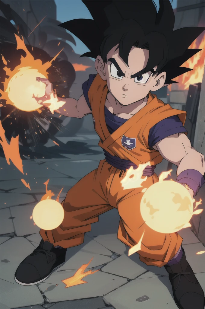 Manga style, illustration, line art style, high quality, manga masterpiece, highres, very detailed, digital illustration, small Kid Goku, Dragonball, black hair, spiked hair, real goku clothes orange color, black belt and black shoes, fire ball, destroying Vegetta, dougi, solo male , outdoors,fighting,