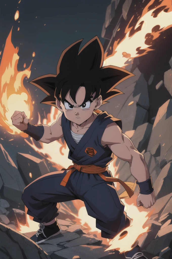 Manga style, illustration, line art style, high quality, manga masterpiece, highres, very detailed, digital illustration, small Kid Goku, Dragonball, black hair, spiked hair, real goku clothes orange color, black belt and black shoes, fire ball, destroying Vegetta, dougi, solo male , outdoors,fighting,